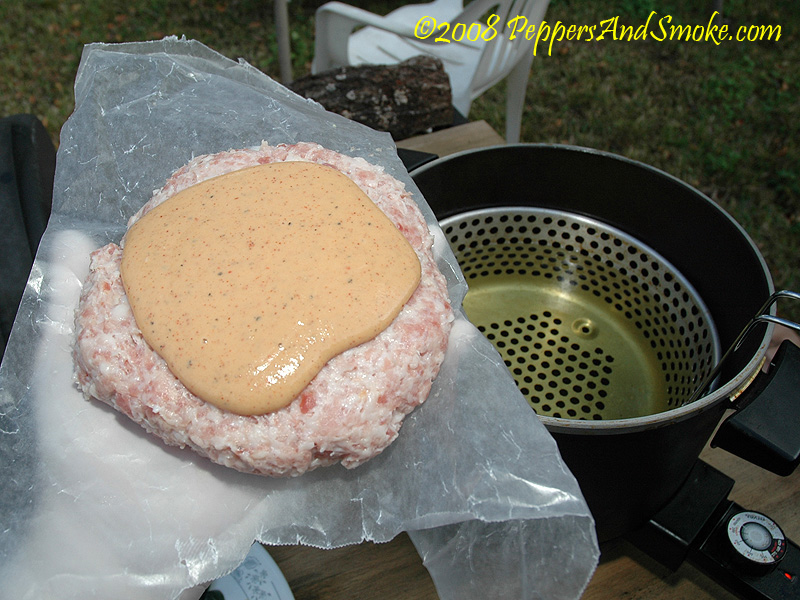 Stuffed bacon patty coated in beer batter