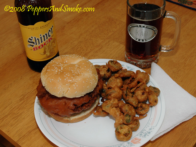 Deep fried bacon burger with a Shiner Bock and deep fried jalapenos